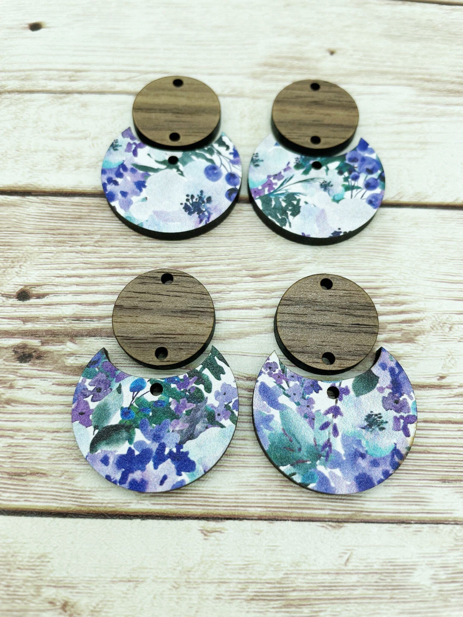 Patterned Floral and Wood Circle Set Earring Blanks, DIY Jewelry Making