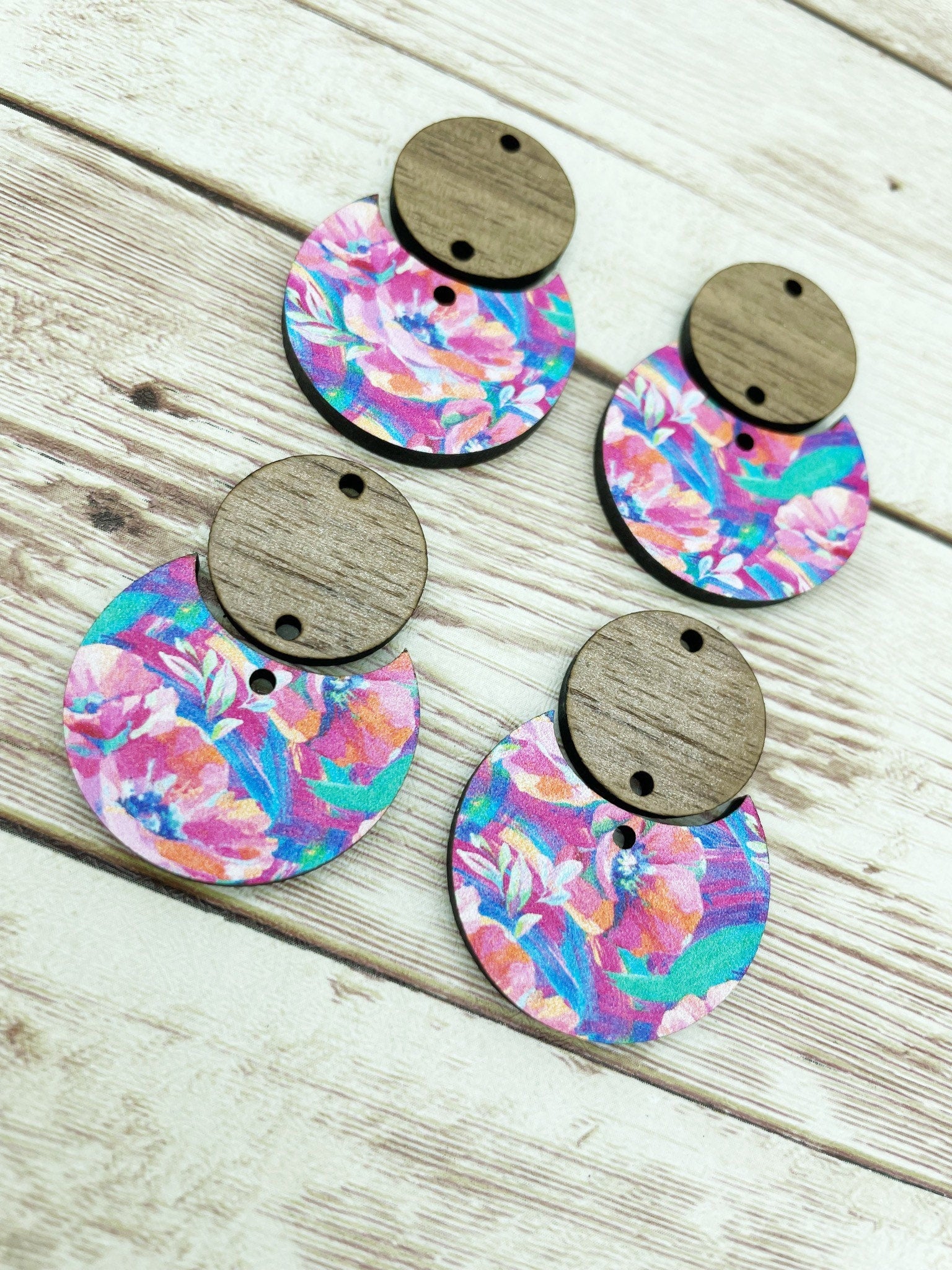 Patterned Multicolor Floral and Wood Circle Set Earring Blanks, DIY Jewelry Making