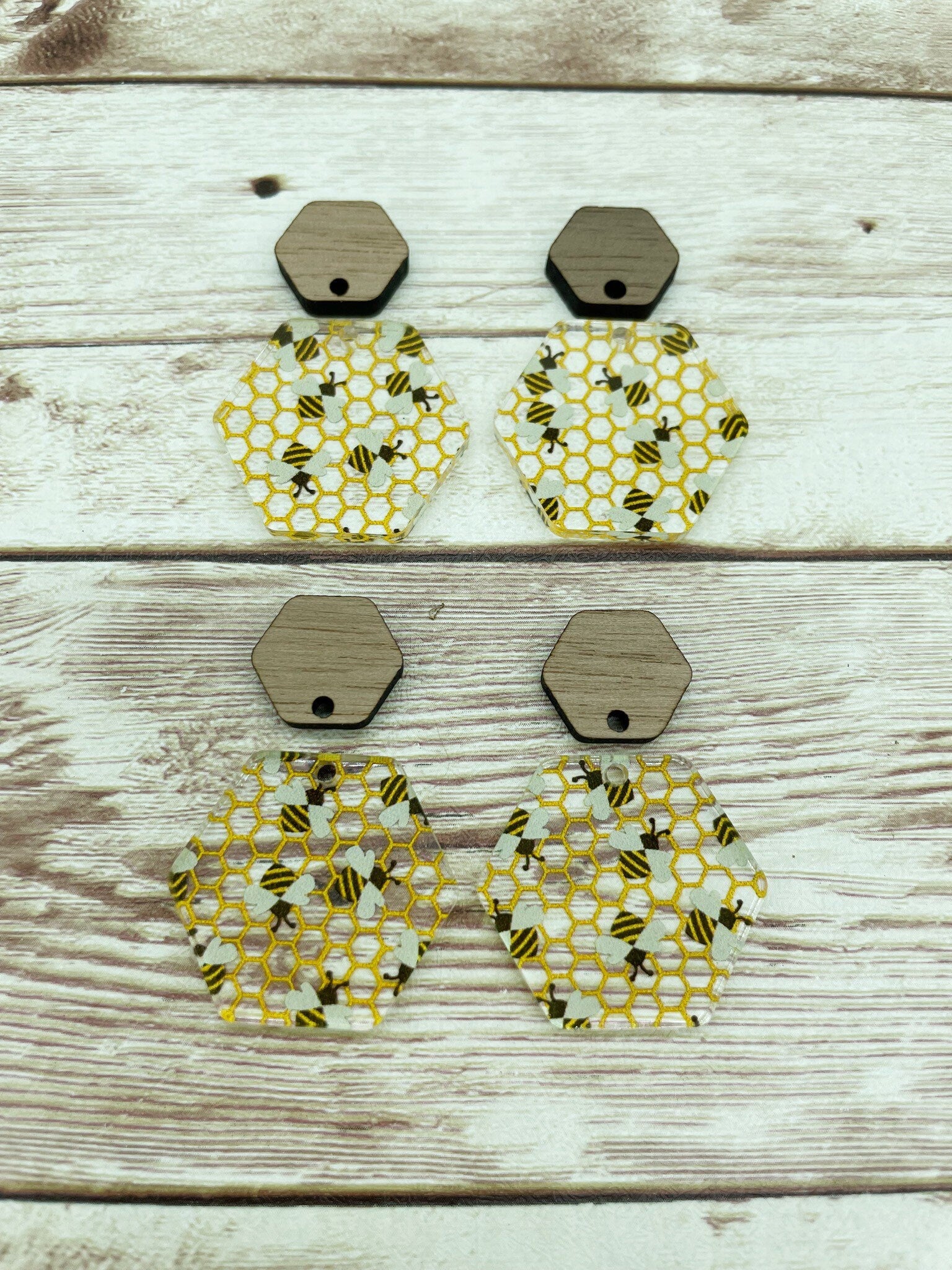 Patterned Acrylic and Wood Bee Print Earring Blanks, DIY Jewelry