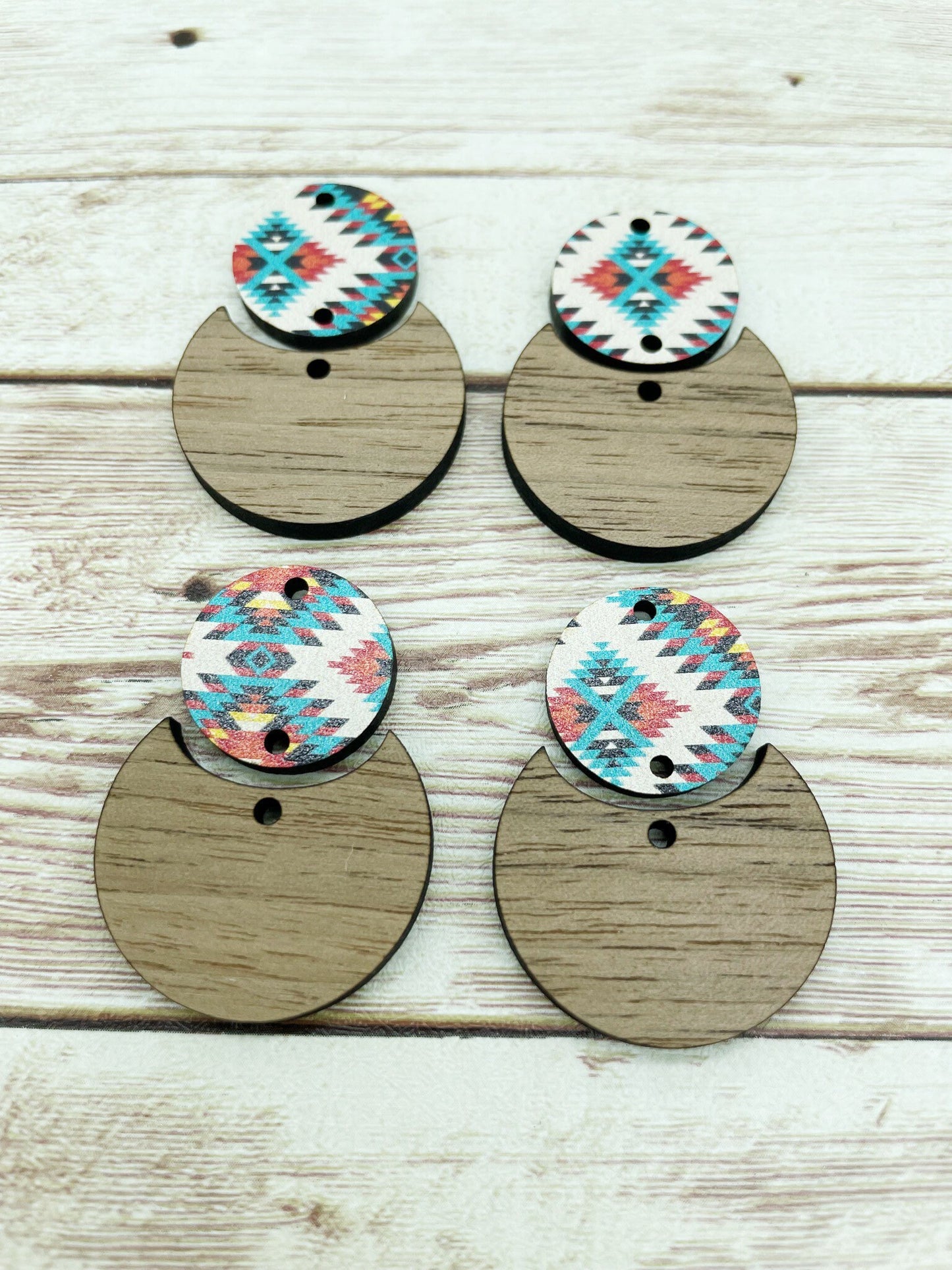 Patterned Aztec Wood and Wood Circle Set Earring Blanks, DIY Jewelry Making
