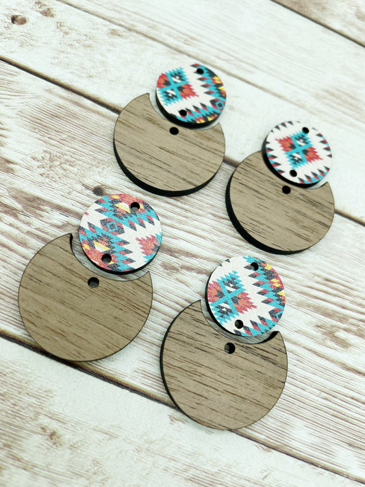 Patterned Aztec Wood and Wood Circle Set Earring Blanks, DIY Jewelry Making