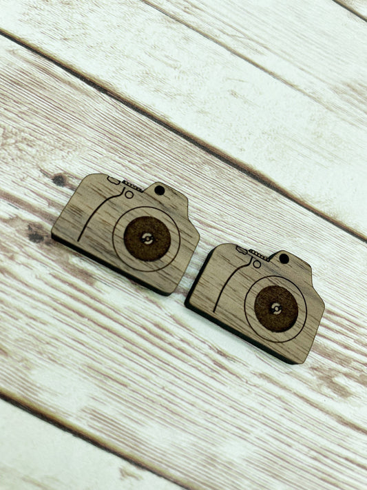 Wood Engraved Camera Earring Blanks, Finished Walnut Blank, DIY Jewelry Making