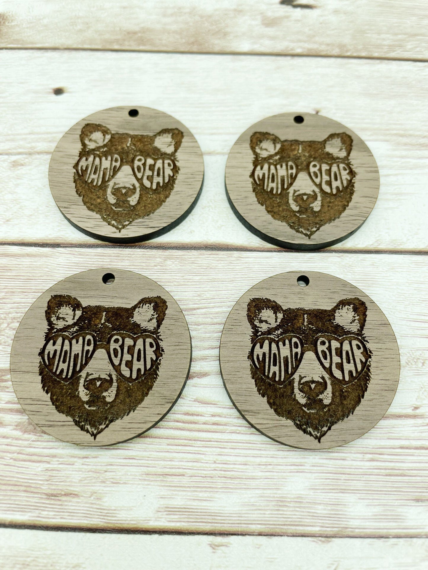 Wood Circle Engraved Mama Bear Earring Blanks, Finished Walnut Blank, DIY Jewelry Making