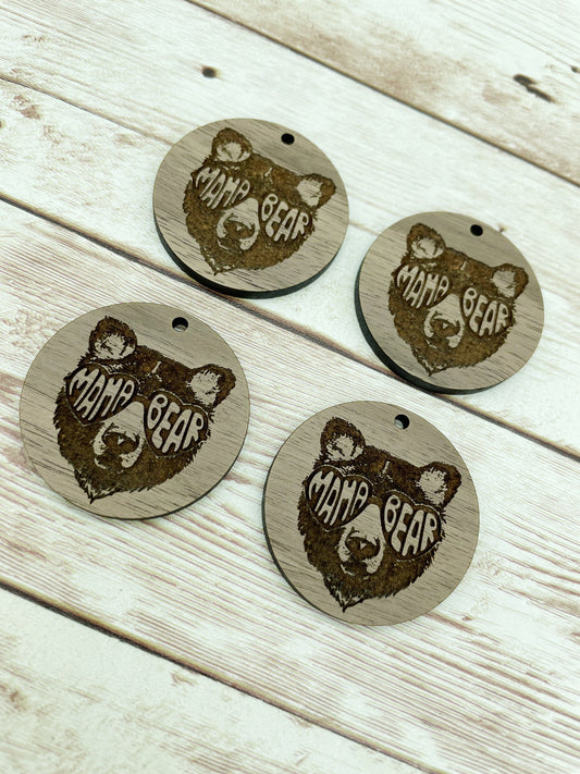 Wood Circle Engraved Mama Bear Earring Blanks, Finished Walnut Blank, DIY Jewelry Making