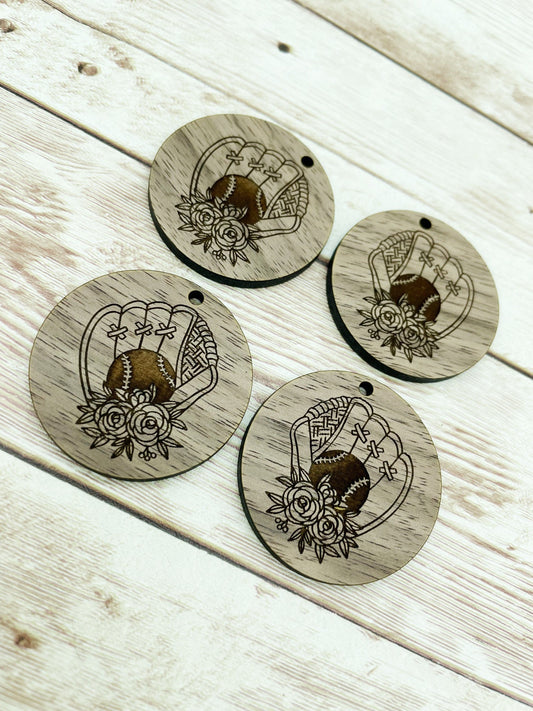 Wood Circle Engraved Floral Softball Baseball Mitt Earring Blanks, Finished Walnut Blank, DIY Jewelry Making