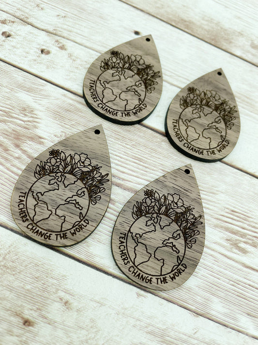 Wood Teardrop Engraved Teachers Change the World Earring Blanks, Finished Walnut Blank, DIY Jewelry Making