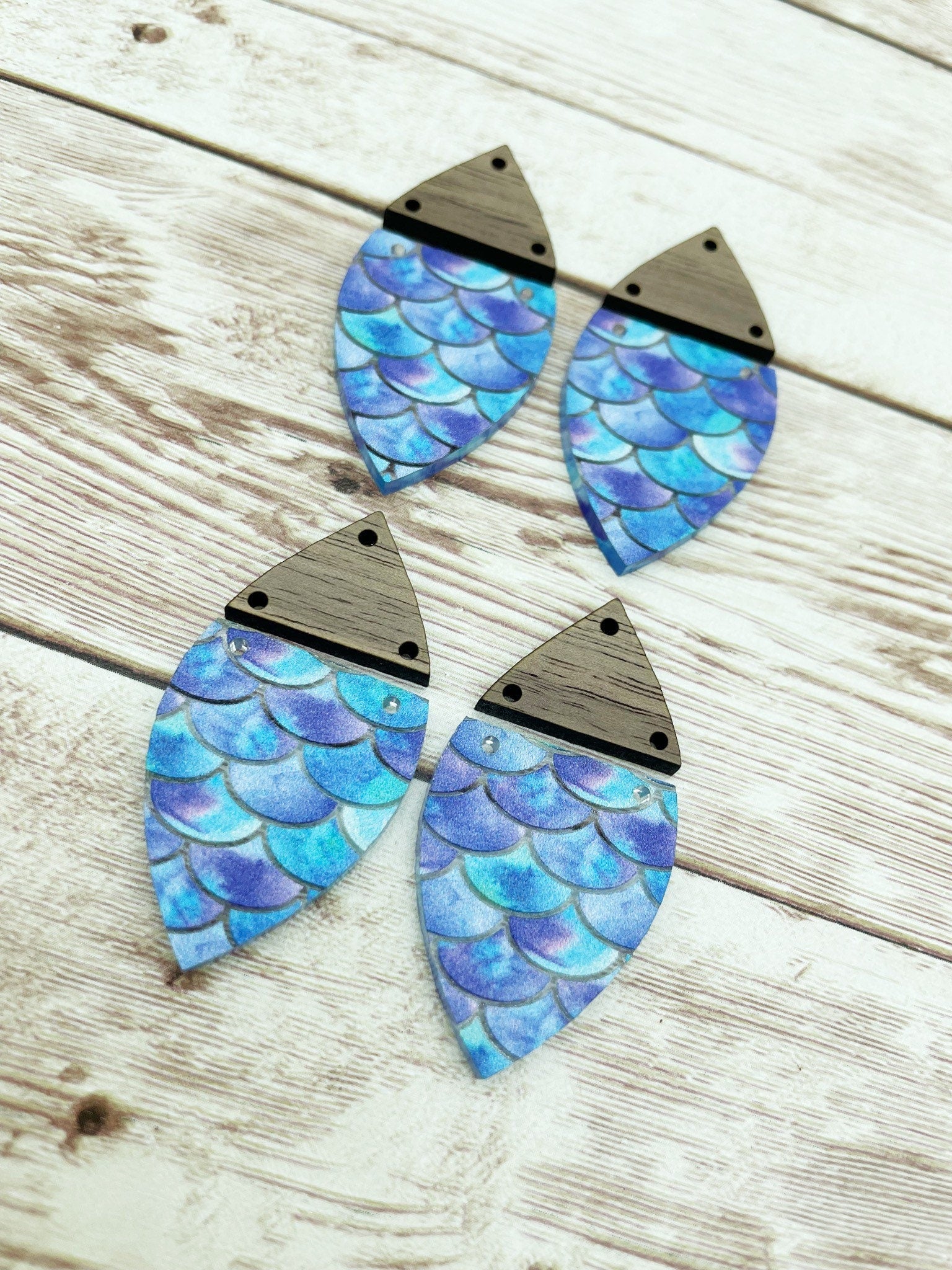 Patterned Acrylic and Wood Mermaid Scales Print Earring Blanks, DIY Jewelry Making