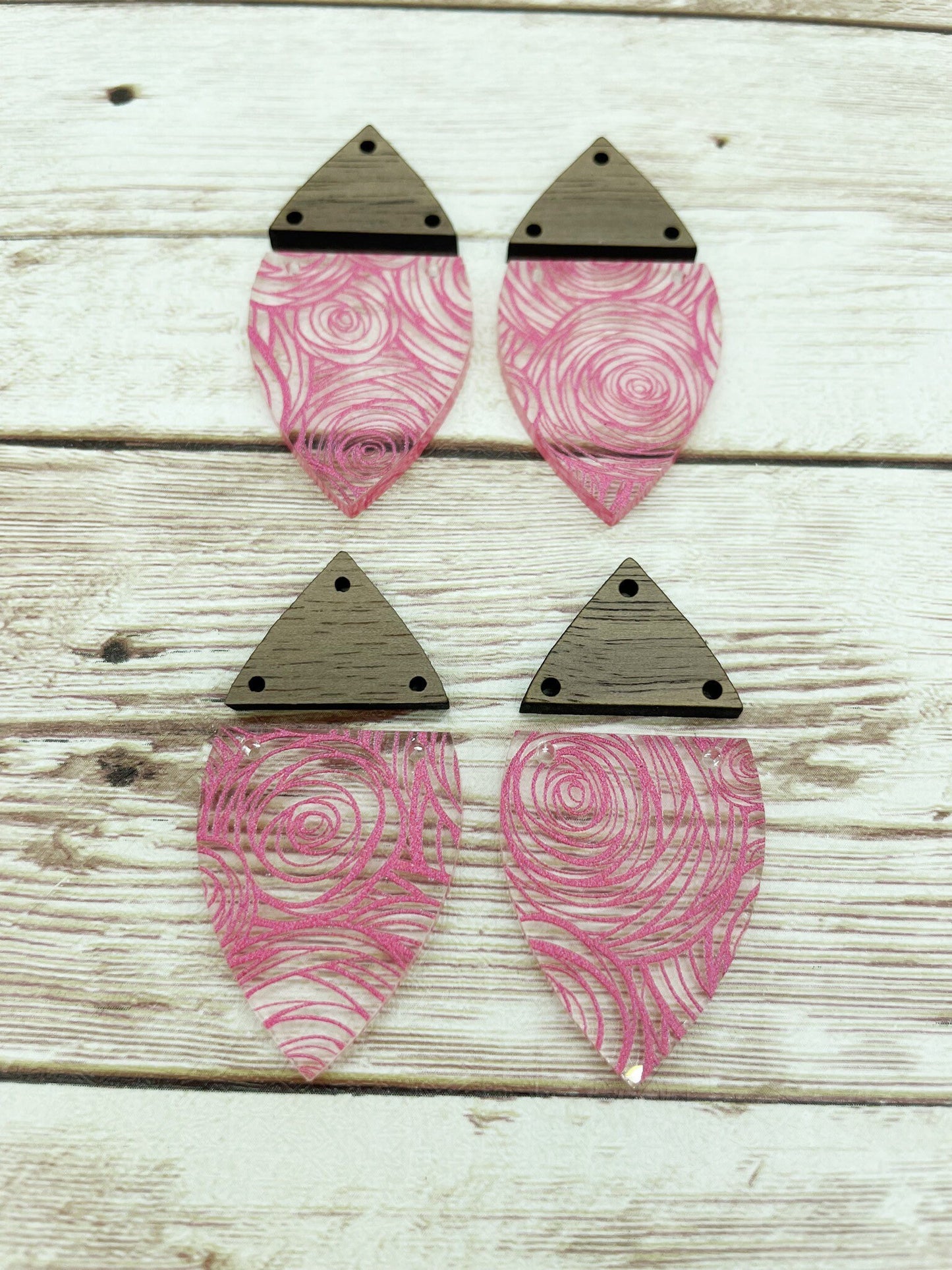 Patterned Acrylic and Wood Pink Rose Print Earring Blanks, DIY Jewelry Making