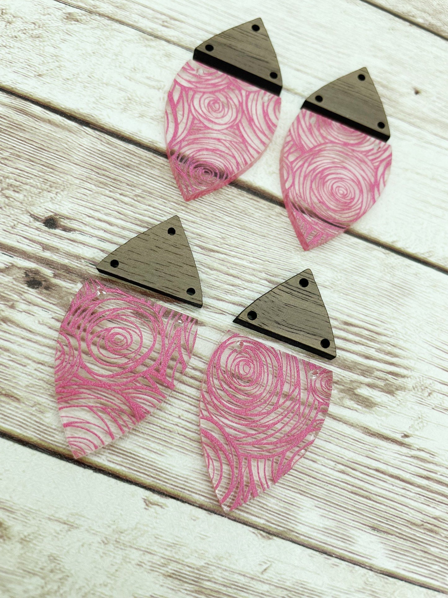 Patterned Acrylic and Wood Pink Rose Print Earring Blanks, DIY Jewelry Making