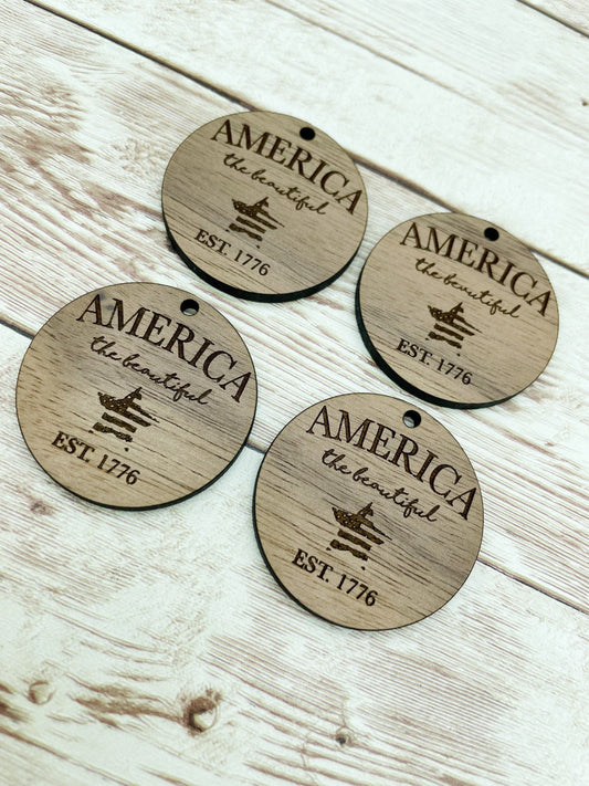 Wood Circle Engraved America the Beautiful Earring Blanks, Finished Walnut Blank, DIY Jewelry Making