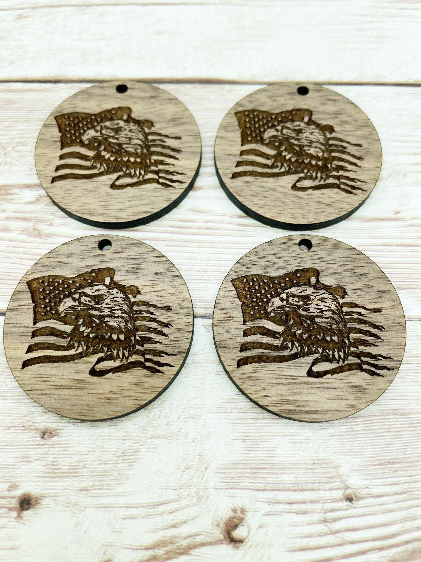 Wood Circle Engraved Eagle American Flag Earring Blanks, Finished Walnut Blank, DIY Jewelry Making