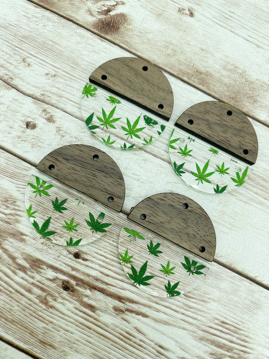 Patterned Acrylic and Wood Round Cannabis Print Earring Blanks, DIY Jewelry Making