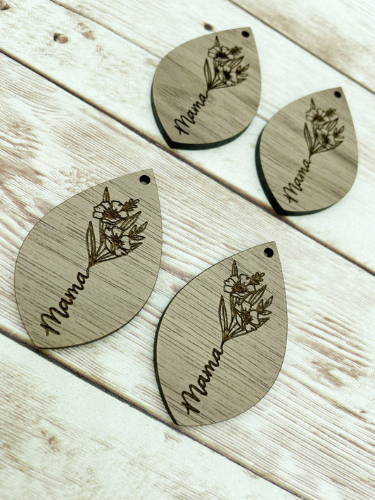 Wood Teardrop Engraved Floral Mama Earring Blanks, Finished Walnut Blank, DIY Jewelry Making
