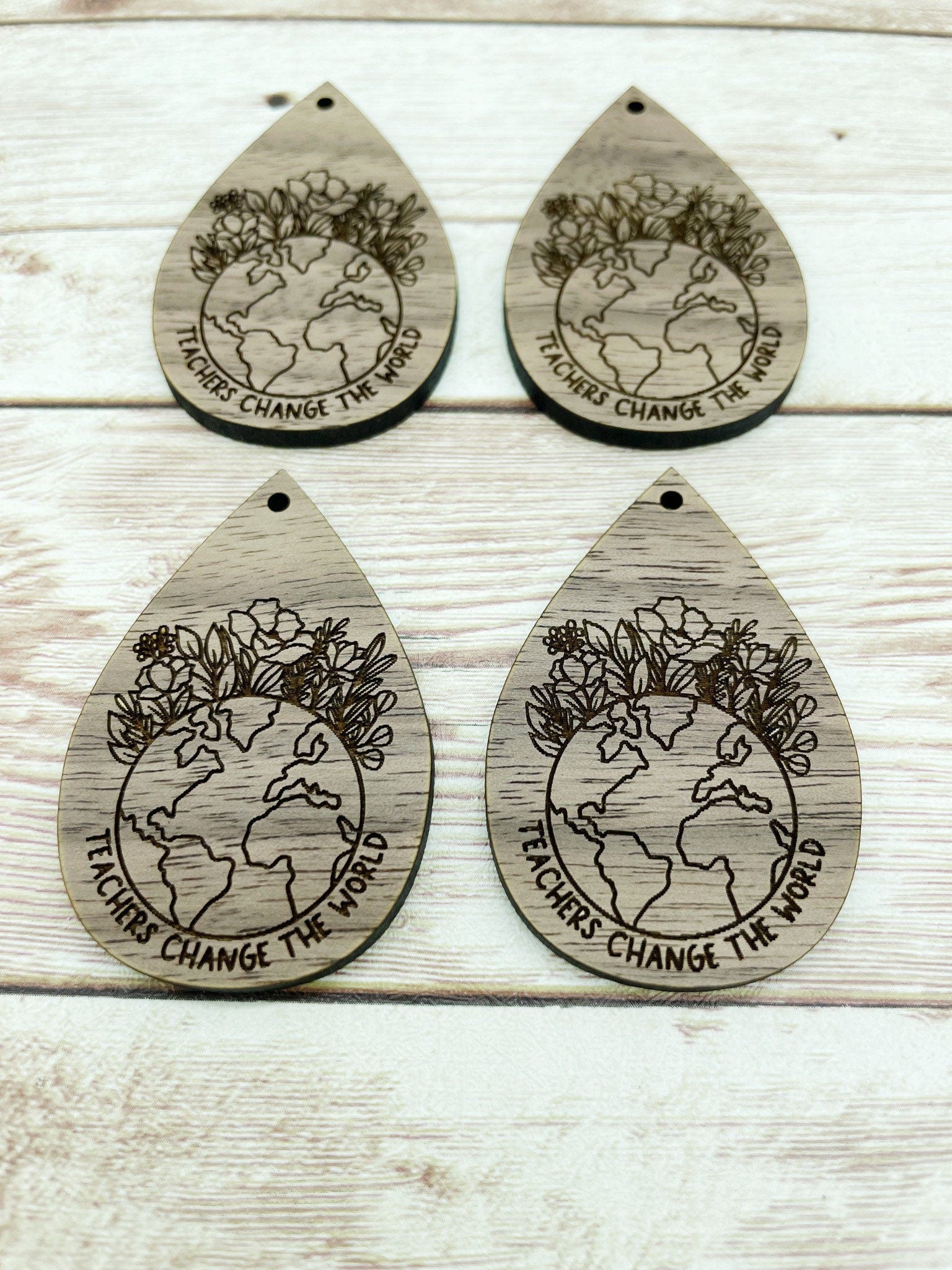 Wood Teardrop Engraved Teachers Change the World Earring Blanks, Finished Walnut Blank, DIY Jewelry Making