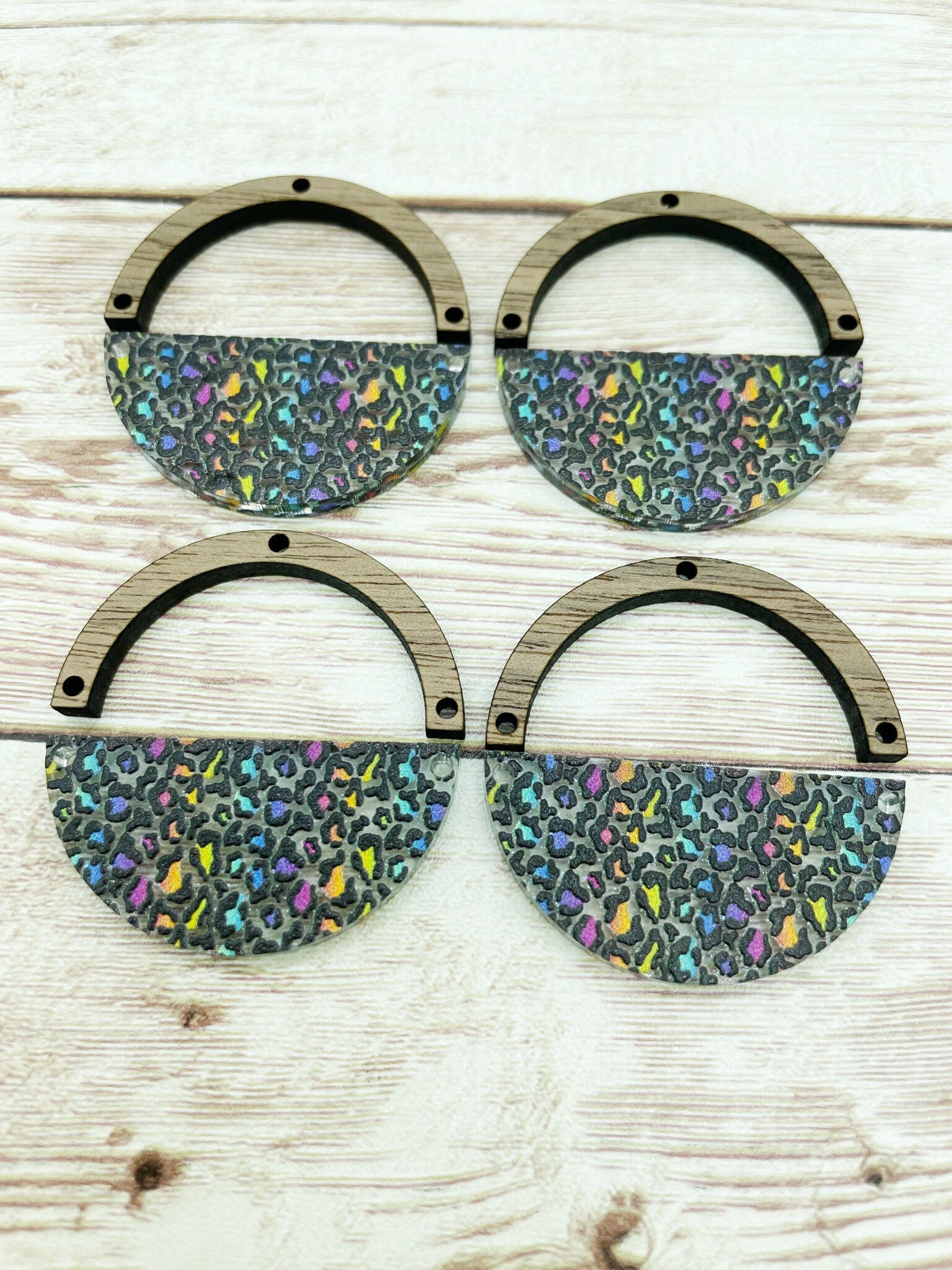 Patterned Acrylic and Wood Arch Round Rainbow Leopard Print Earring Blanks, DIY Jewelry Making