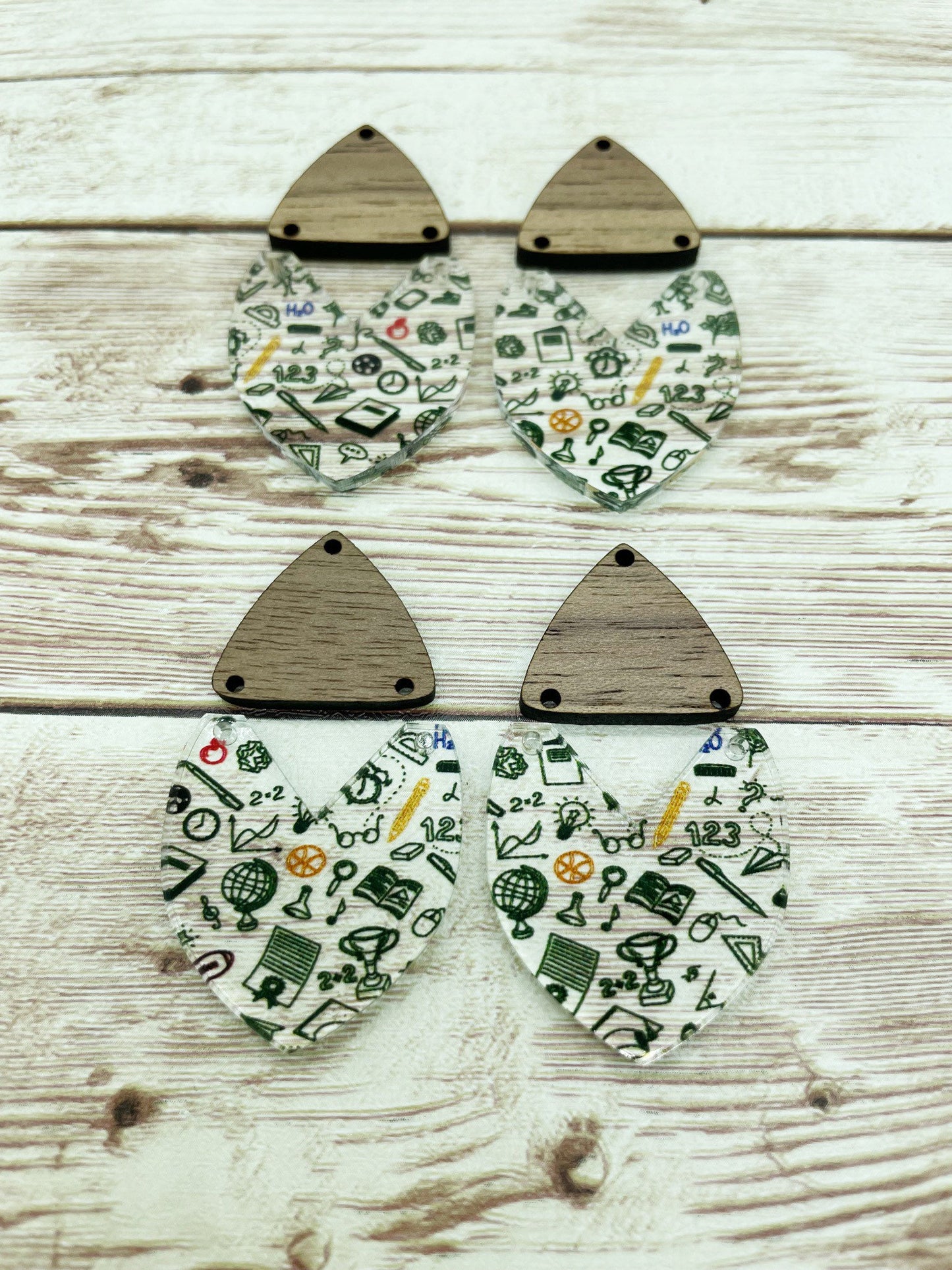 Patterned Teacher School Acrylic and Walnut Triangle Set Earring Blanks, DIY Jewelry Making