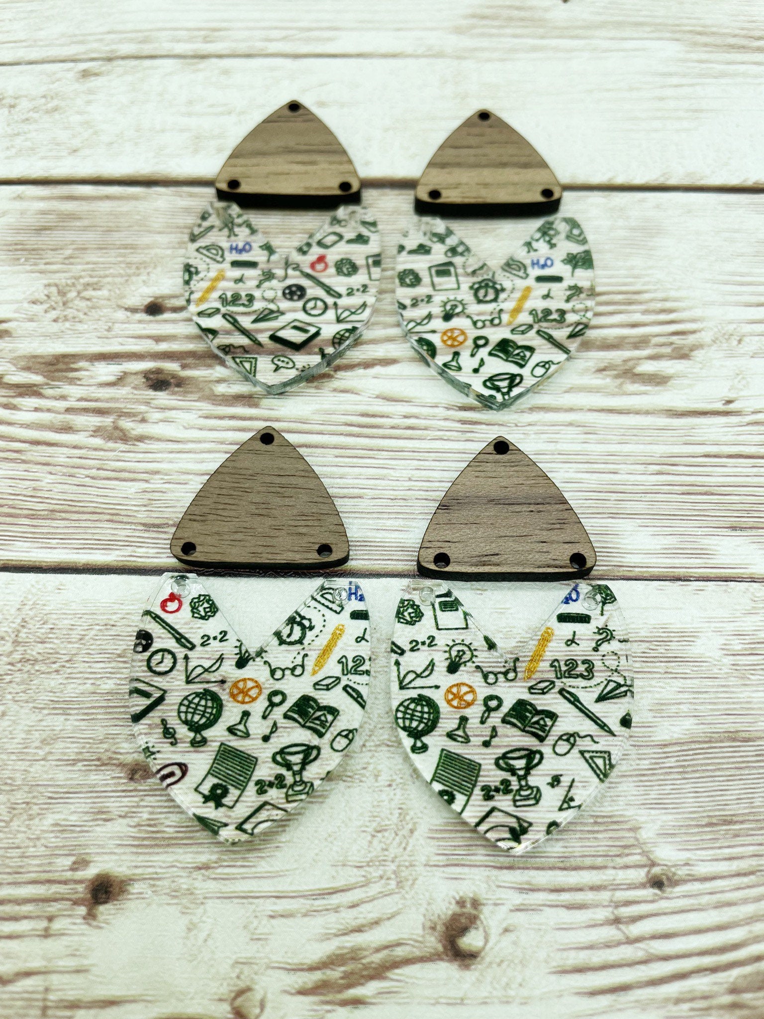 Patterned Teacher School Acrylic and Walnut Triangle Set Earring Blanks, DIY Jewelry Making