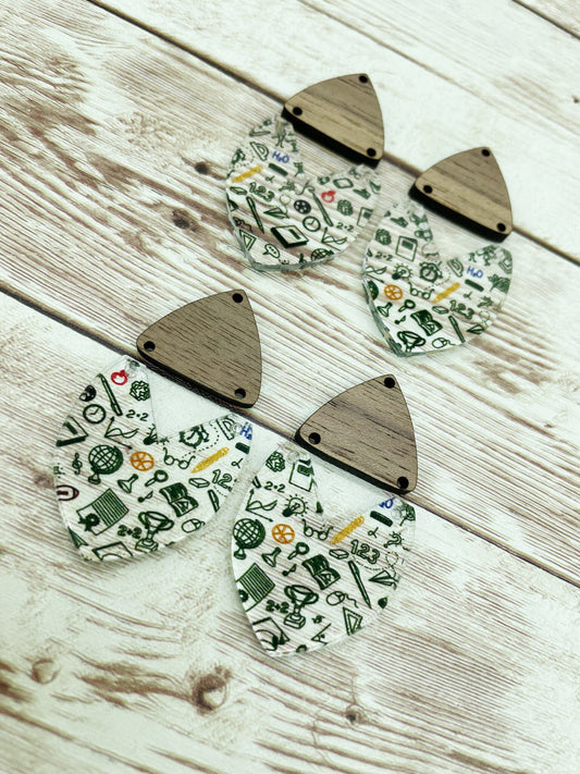 Patterned Teacher School Acrylic and Walnut Triangle Set Earring Blanks, DIY Jewelry Making