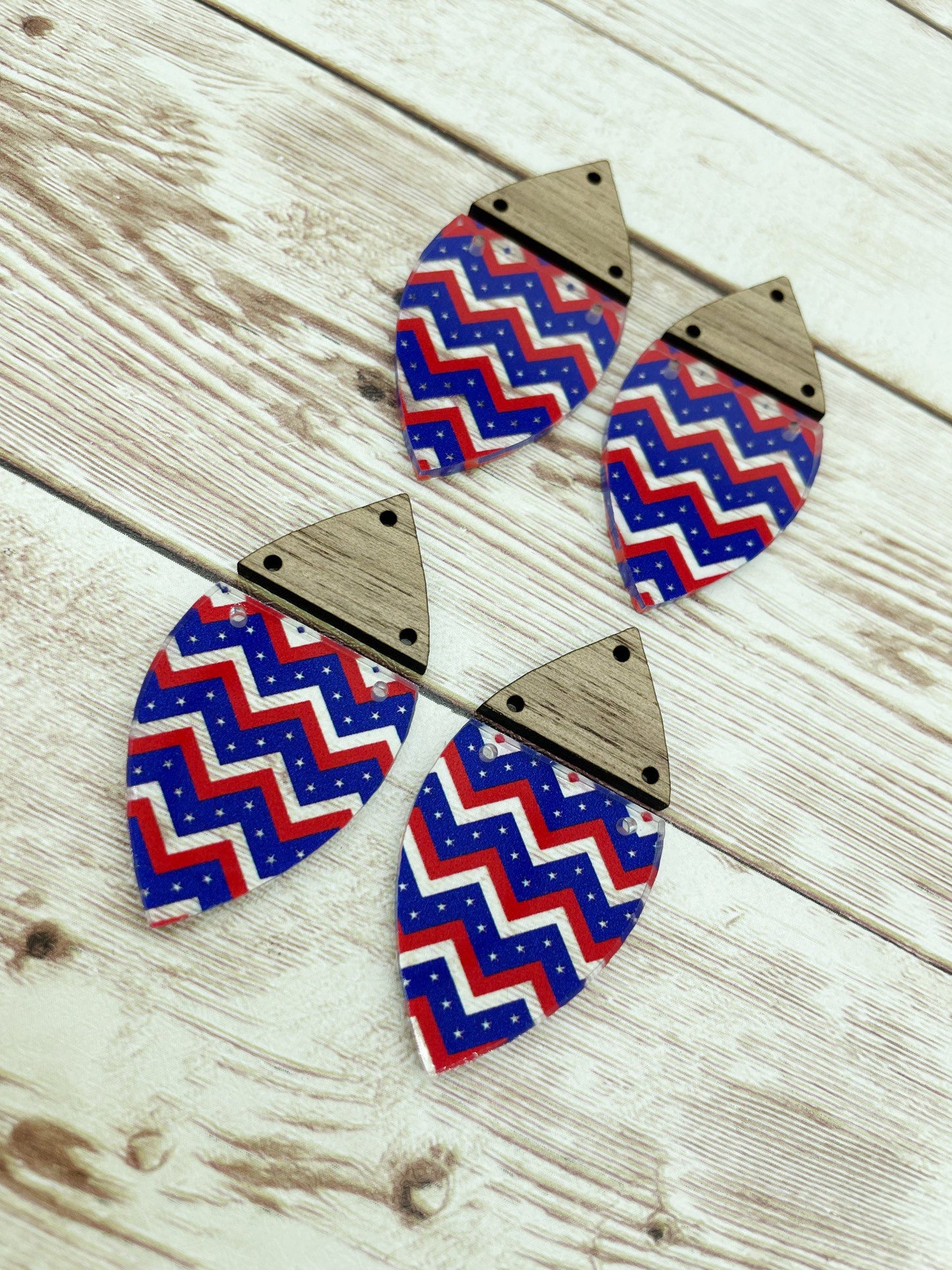 Patterned Acrylic and Wood Red White Blue Star Earring Blanks, DIY Jewelry Making