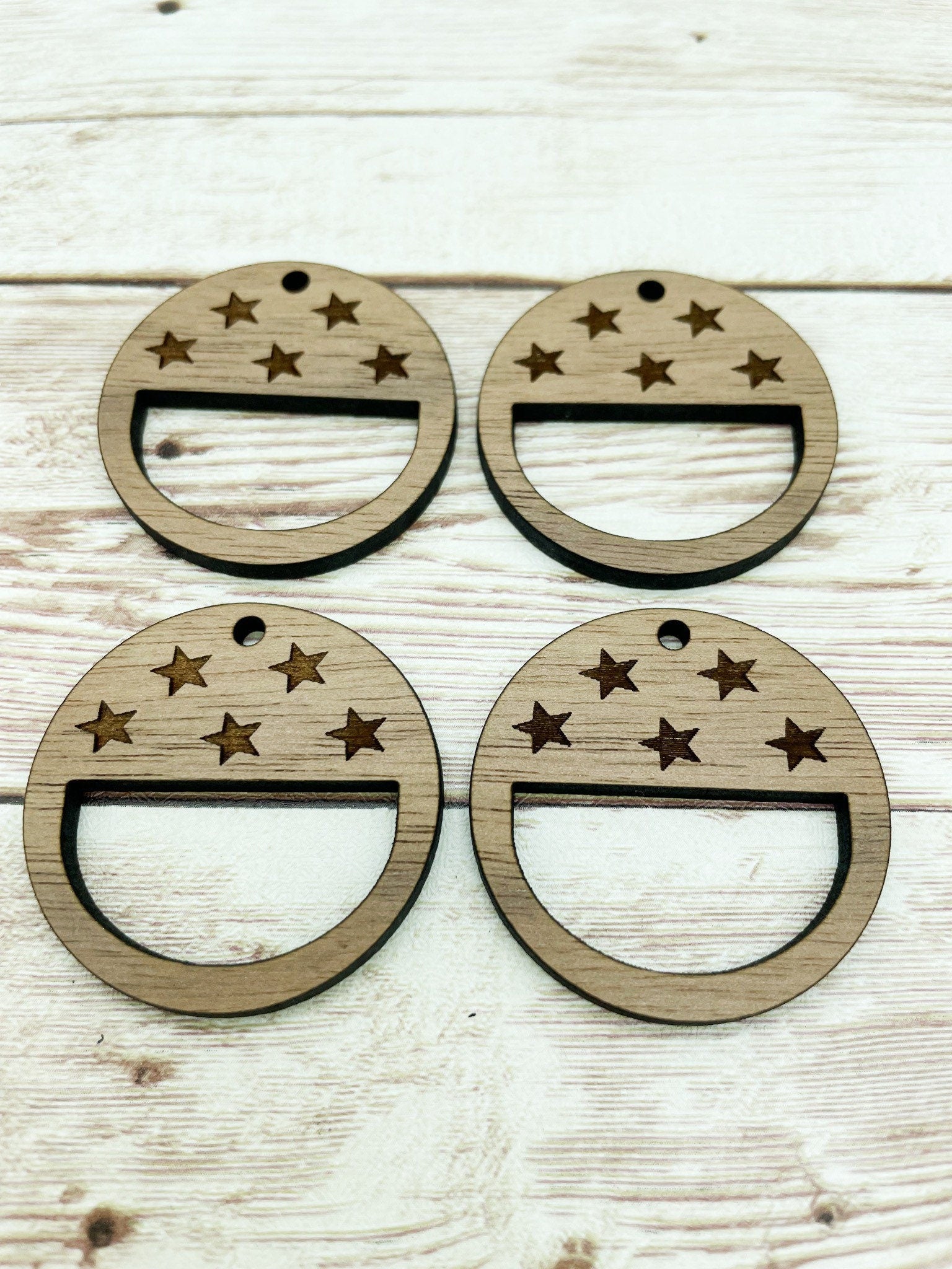 Wood Circle Engraved Stars Macrame Earring Blanks, Finished Walnut Blank, DIY Jewelry Making