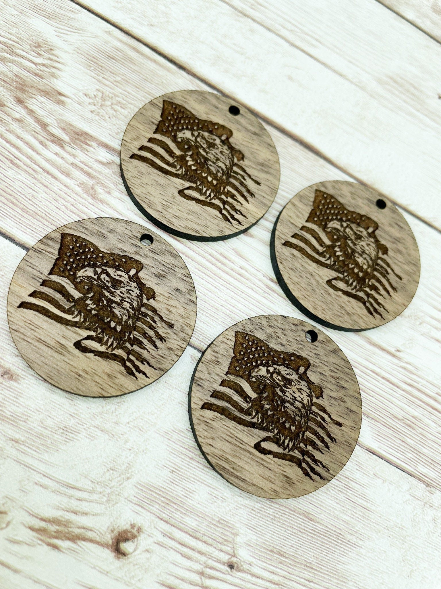 Wood Circle Engraved Eagle American Flag Earring Blanks, Finished Walnut Blank, DIY Jewelry Making