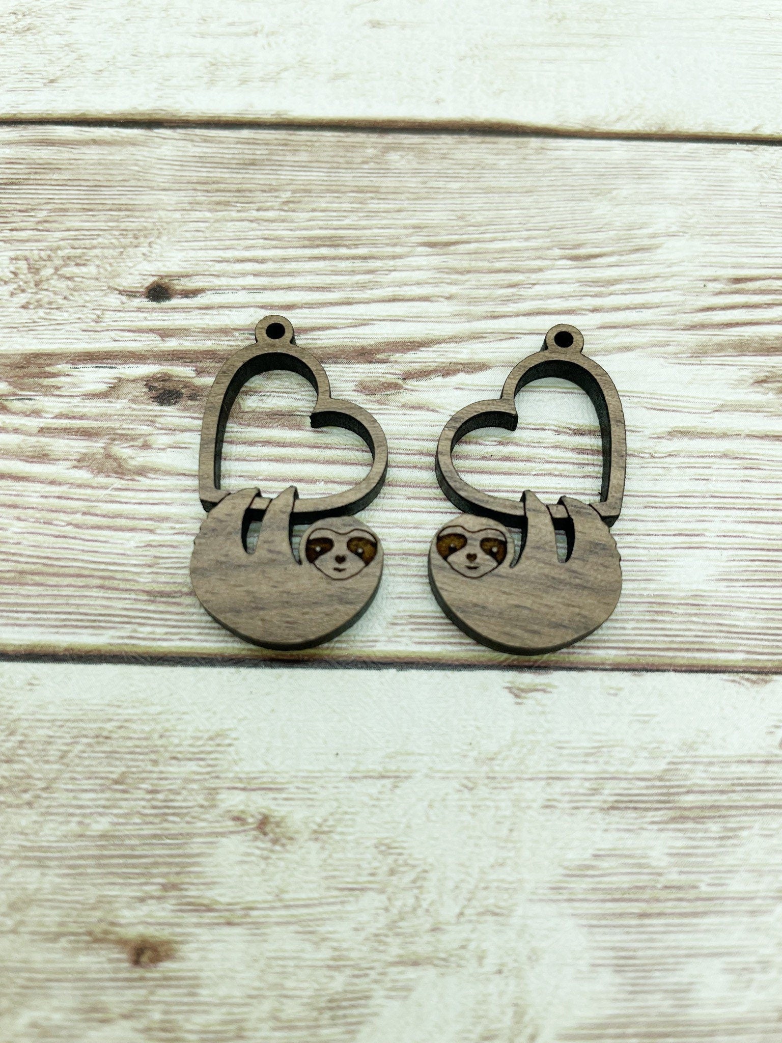 Wood Engraved Sloth and Heart Earring Blanks, Finished Walnut Blank, DIY Jewelry Making