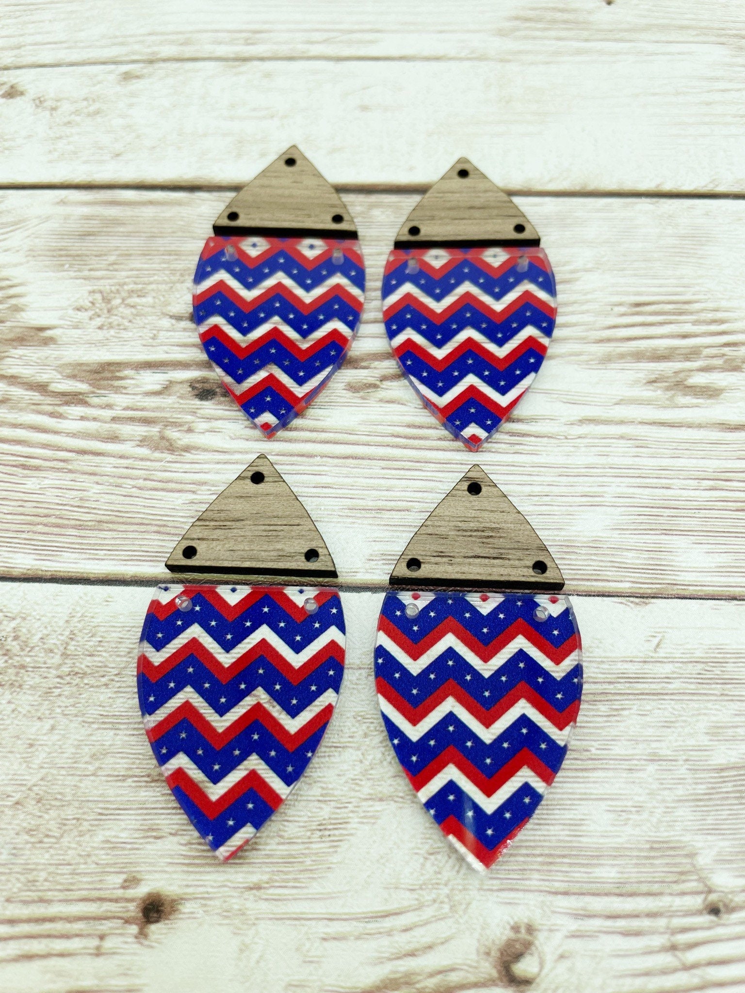 Patterned Acrylic and Wood Red White Blue Star Earring Blanks, DIY Jewelry Making
