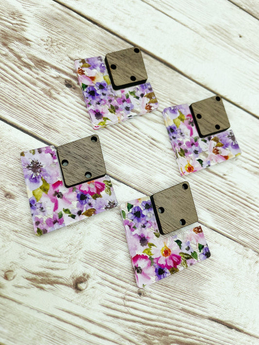 Patterned Purple and Pink Floral Acrylic and Wood Earring Blanks, DIY Jewelry Making