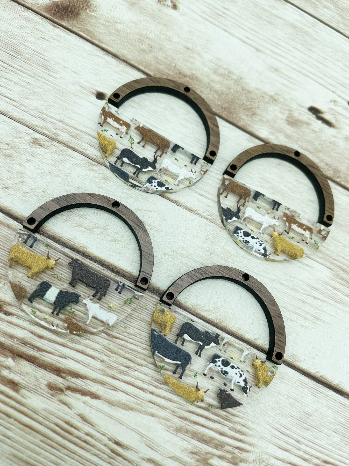 Patterned Acrylic and Wood Arch Round Cow Print Earring Blanks, DIY Jewelry Making