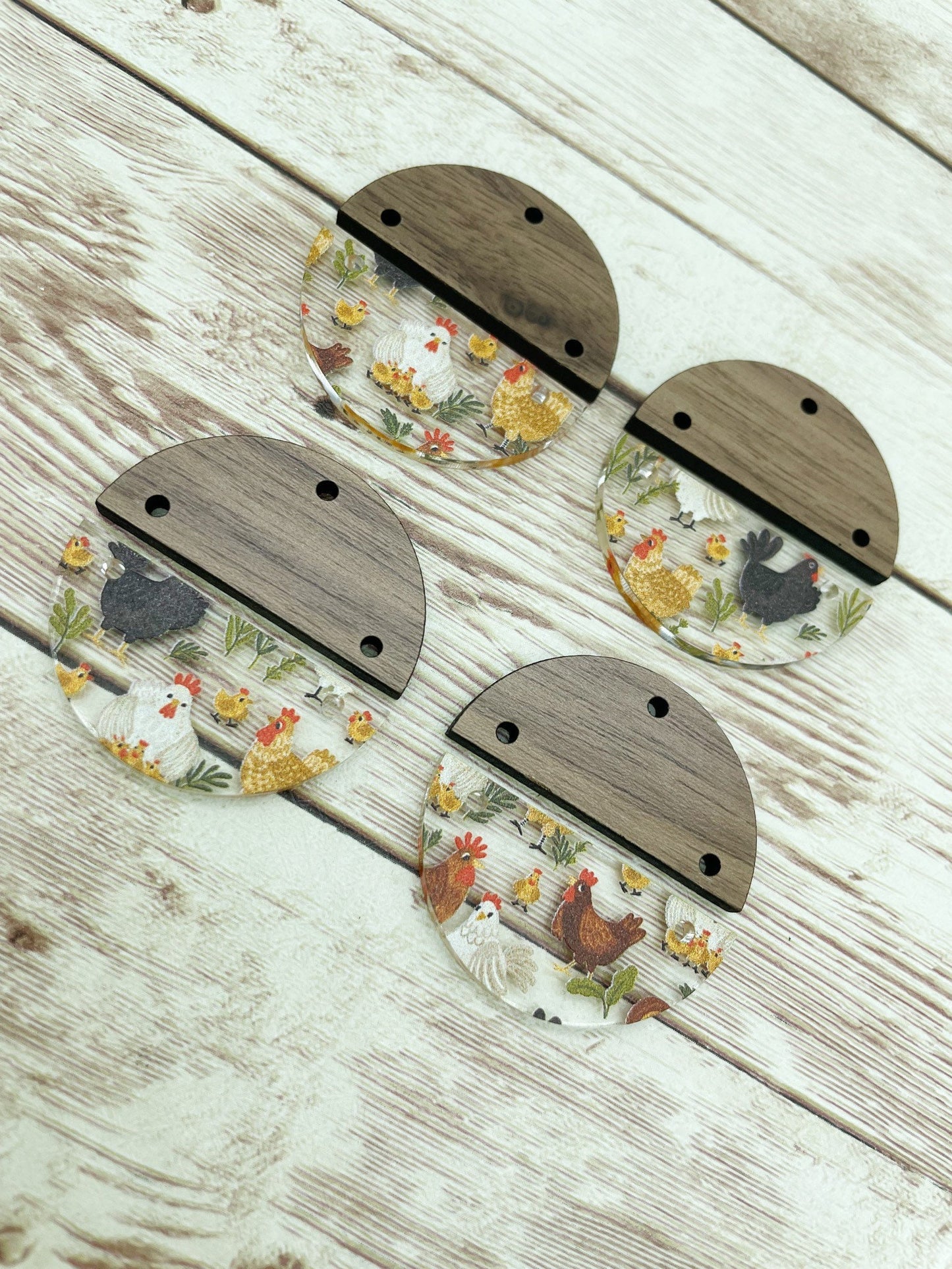 Patterned Acrylic and Wood Round Chicken Hen Print Earring Blanks, DIY Jewelry Making
