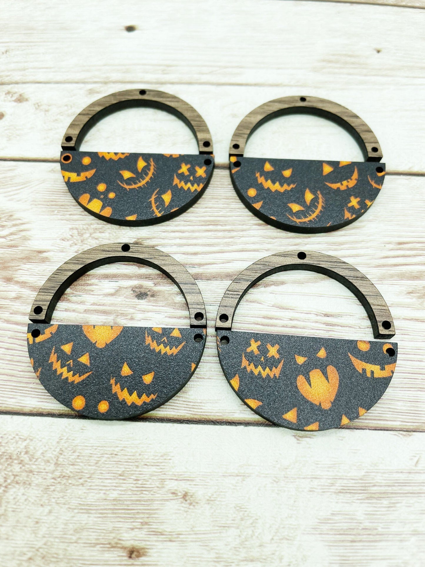 Patterned Wood and Wood Arch Round Halloween Pumpkin Faces Earring Blanks, DIY Jewelry Making