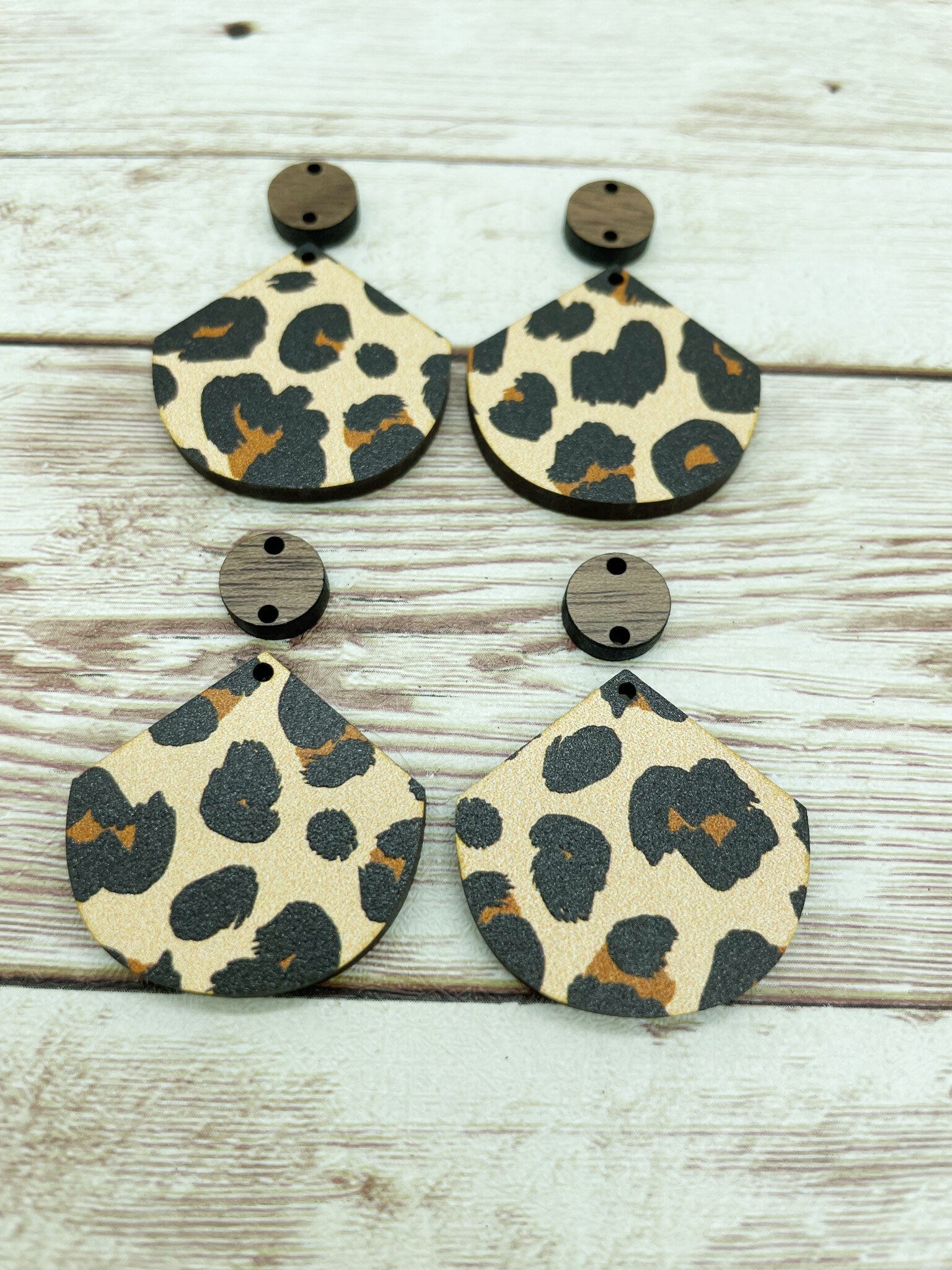 Patterned Wood and Walnut Pointed Circle Leopard Print Earring Blanks, DIY Jewelry Making