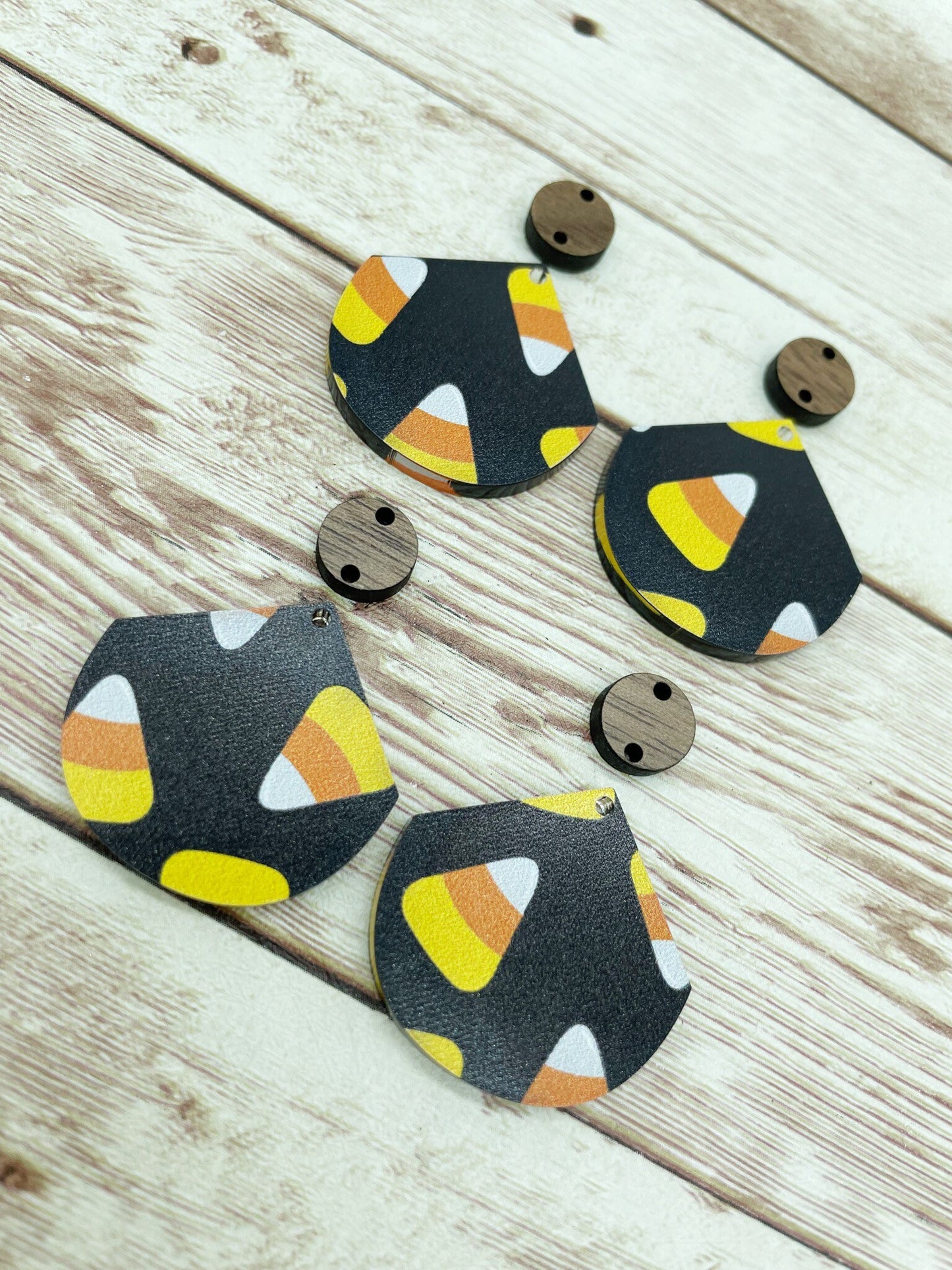 Patterned Acrylic and Wood Pointed Circle Halloween Candy Corn Print Earring Blanks, DIY Jewelry Making