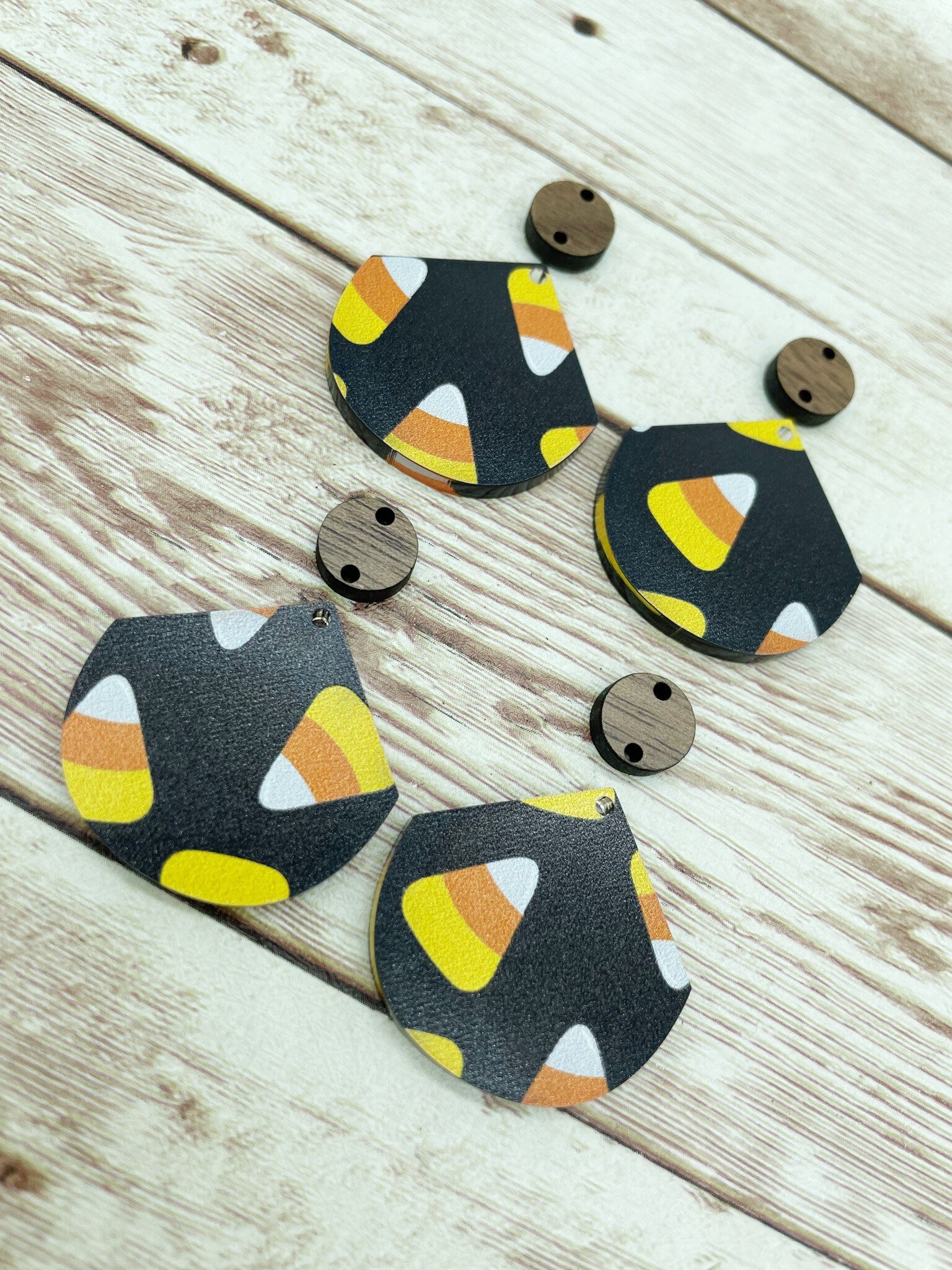 Patterned Acrylic and Wood Pointed Circle Halloween Candy Corn Print Earring Blanks, DIY Jewelry Making