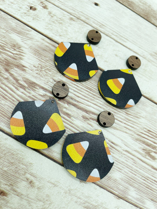 Patterned Acrylic and Wood Pointed Circle Halloween Candy Corn Print Earring Blanks, DIY Jewelry Making