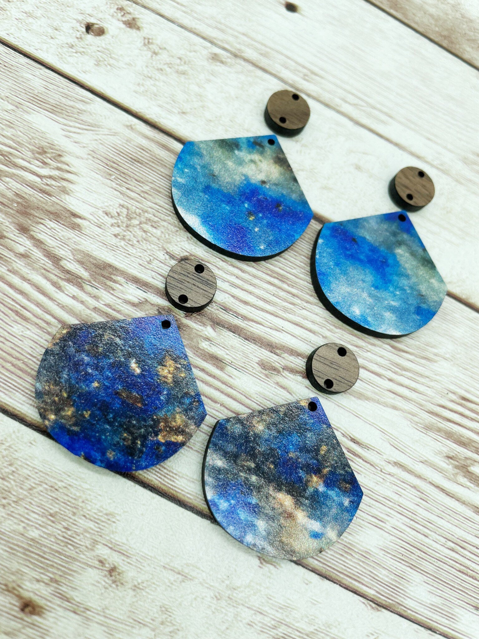 Patterned Wood and Walnut Pointed Circle Blue and Gold Print Earring Blanks, DIY Jewelry Making