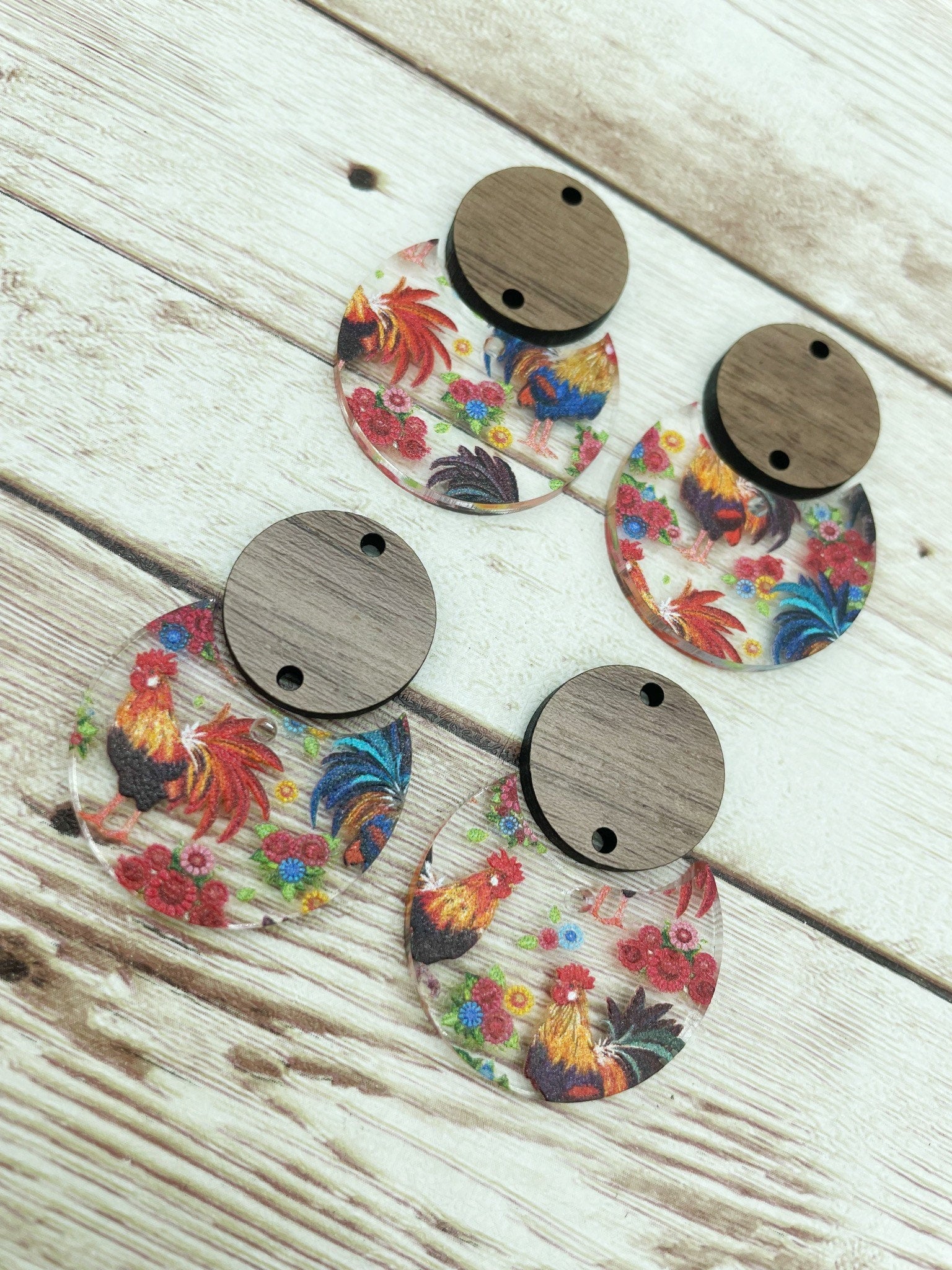 Patterned Acrylic Rooster Floral and Wood Circle Set Earring Blanks, DIY Jewelry Making