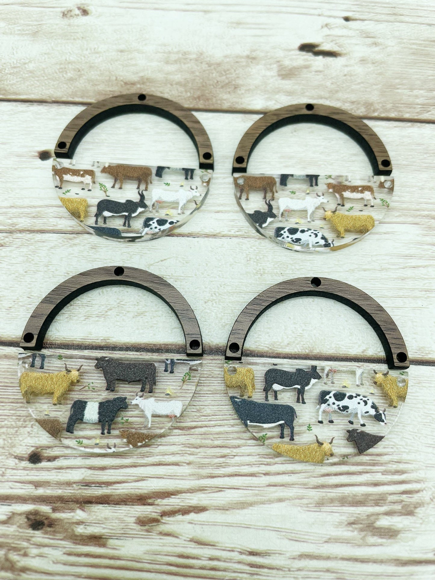 Patterned Acrylic and Wood Arch Round Cow Print Earring Blanks, DIY Jewelry Making