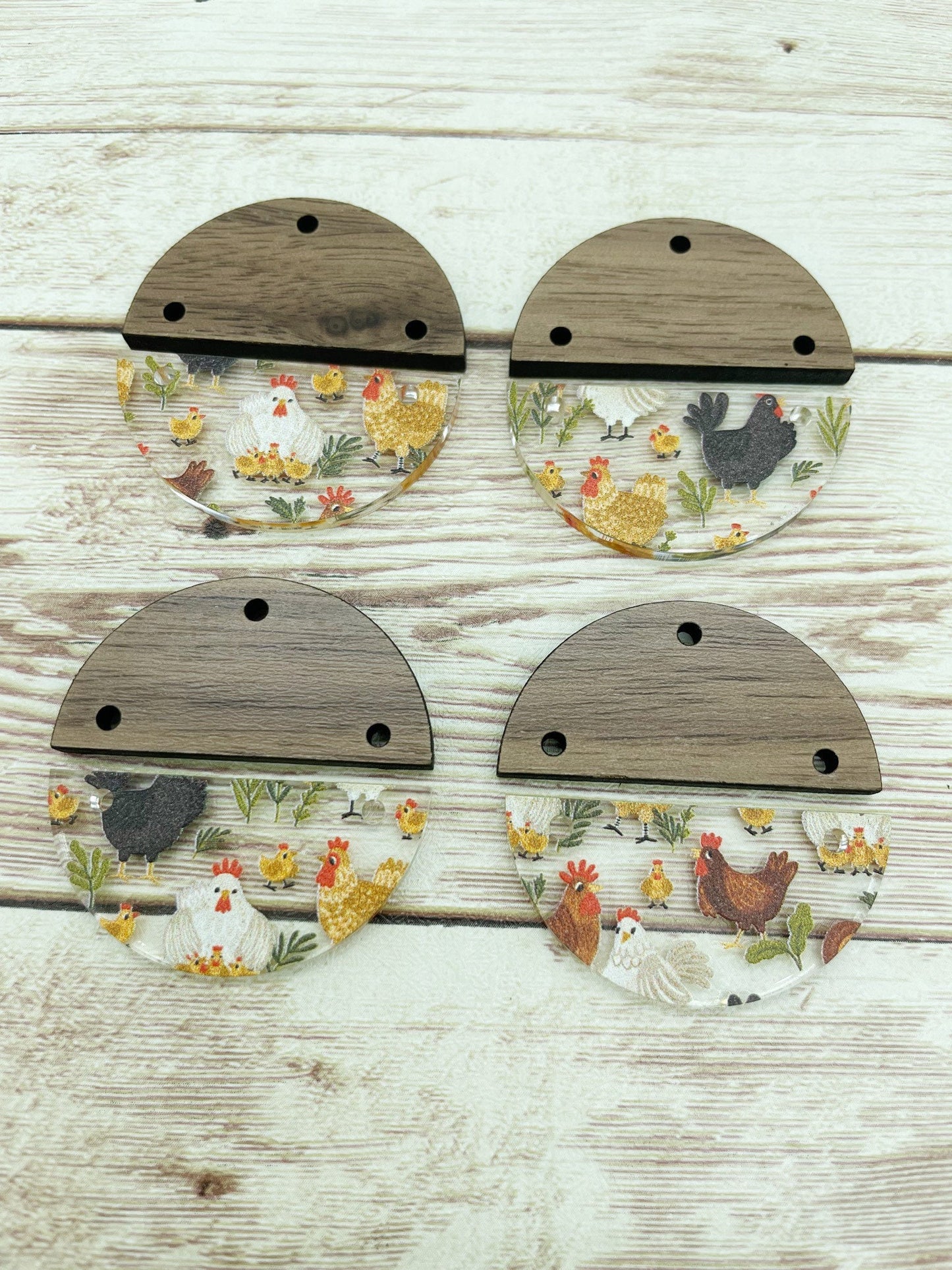 Patterned Acrylic and Wood Round Chicken Hen Print Earring Blanks, DIY Jewelry Making