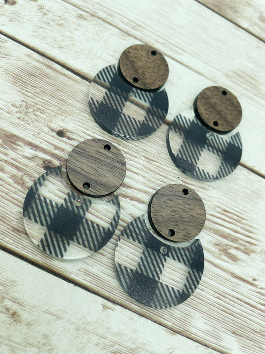 Patterned Black Plaid Acrylic and Wood Circle Set Earring Blanks, DIY Jewelry Making