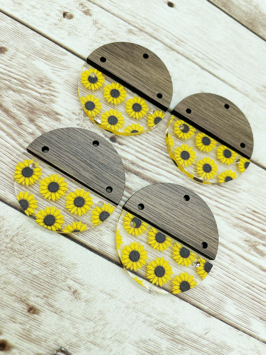 Patterned Sunflower Acrylic and Wood Round Earring Blanks, DIY Jewelry Making