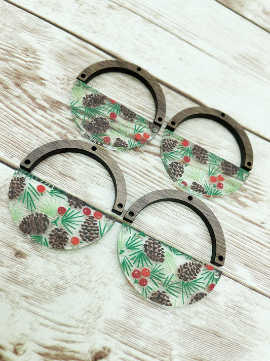 Patterned Winter Pinecone and Wood Arch Round Earring Blanks, DIY Jewelry Making