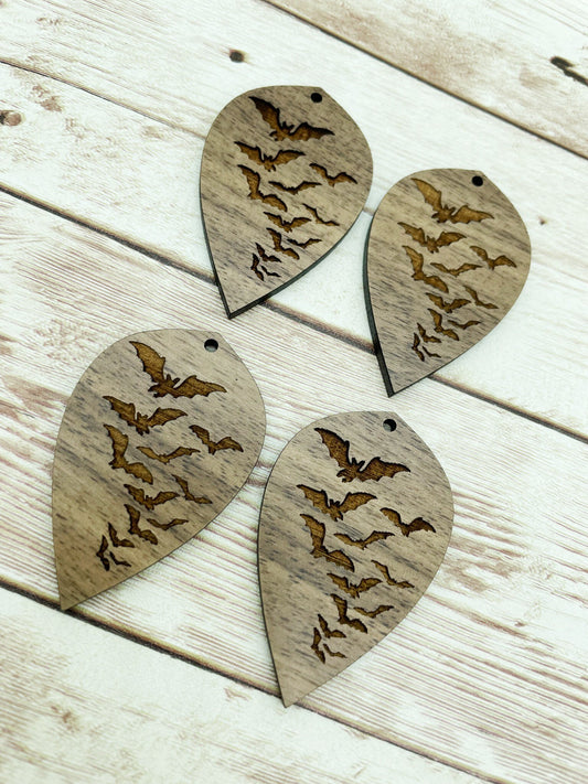 Wood Teardrop Engraved Halloween Bat Earring Blanks, Finished Walnut Blank, DIY Jewelry Making