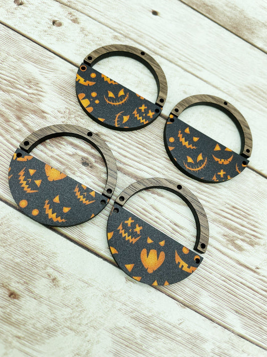 Patterned Wood and Wood Arch Round Halloween Pumpkin Faces Earring Blanks, DIY Jewelry Making