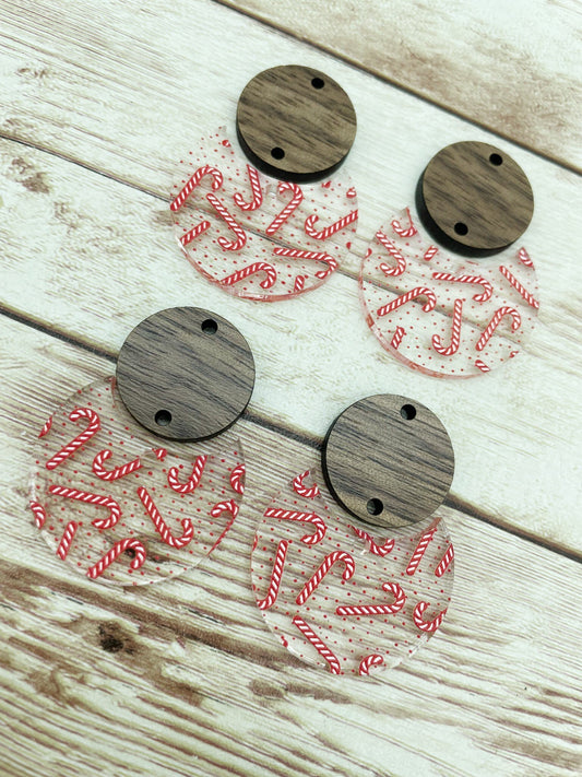 Patterned Acrylic Christmas Candy Cane and Wood Circle Set Earring Blanks, DIY Jewelry Making