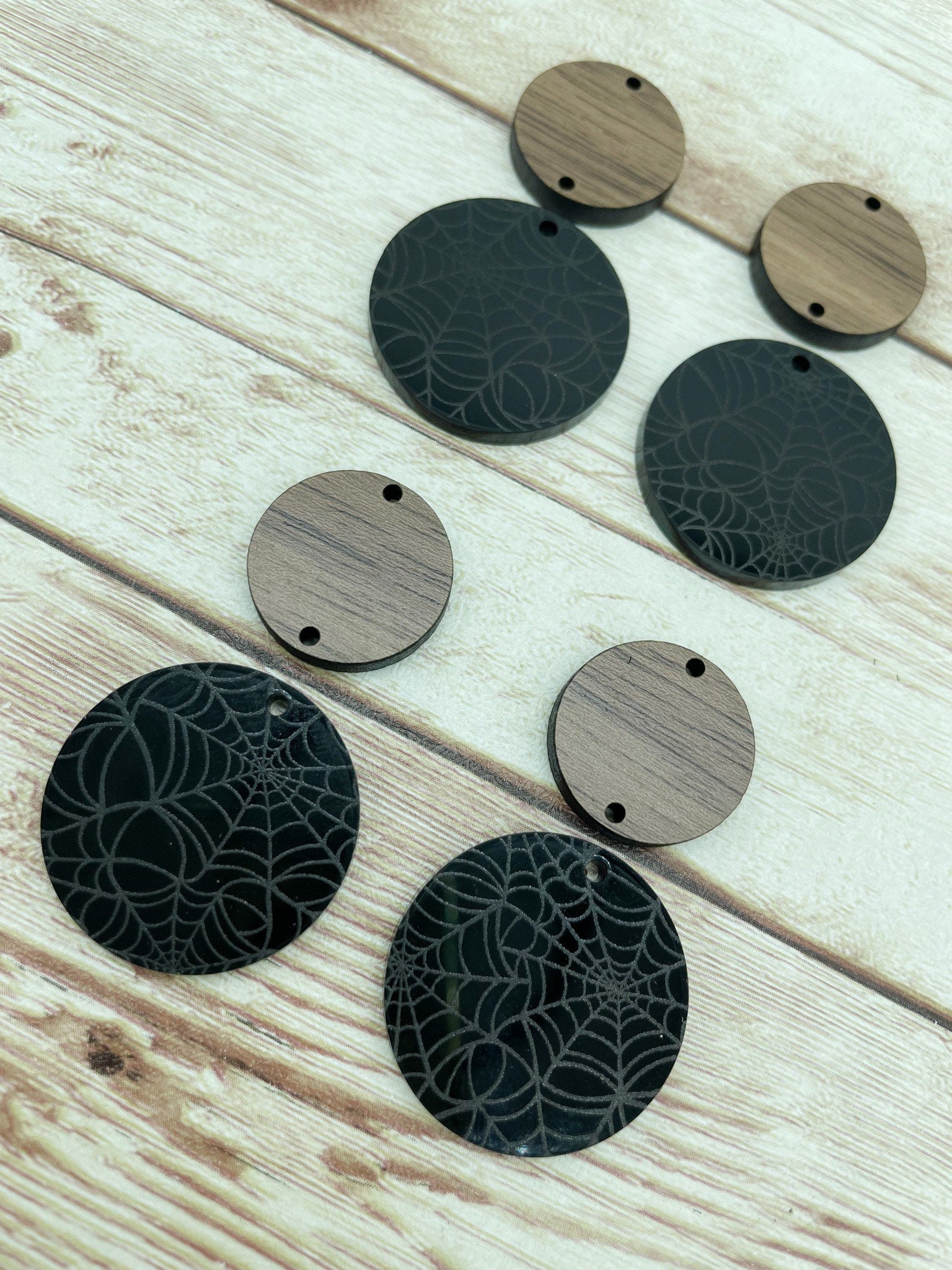 Patterned Acrylic and Wood Circle Set Halloween Spider Web Print Earring Blanks, DIY Jewelry Making