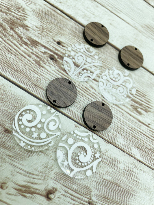 Patterned Acrylic and Wood Circle Set White Winter Print Earring Blanks, DIY Jewelry Making