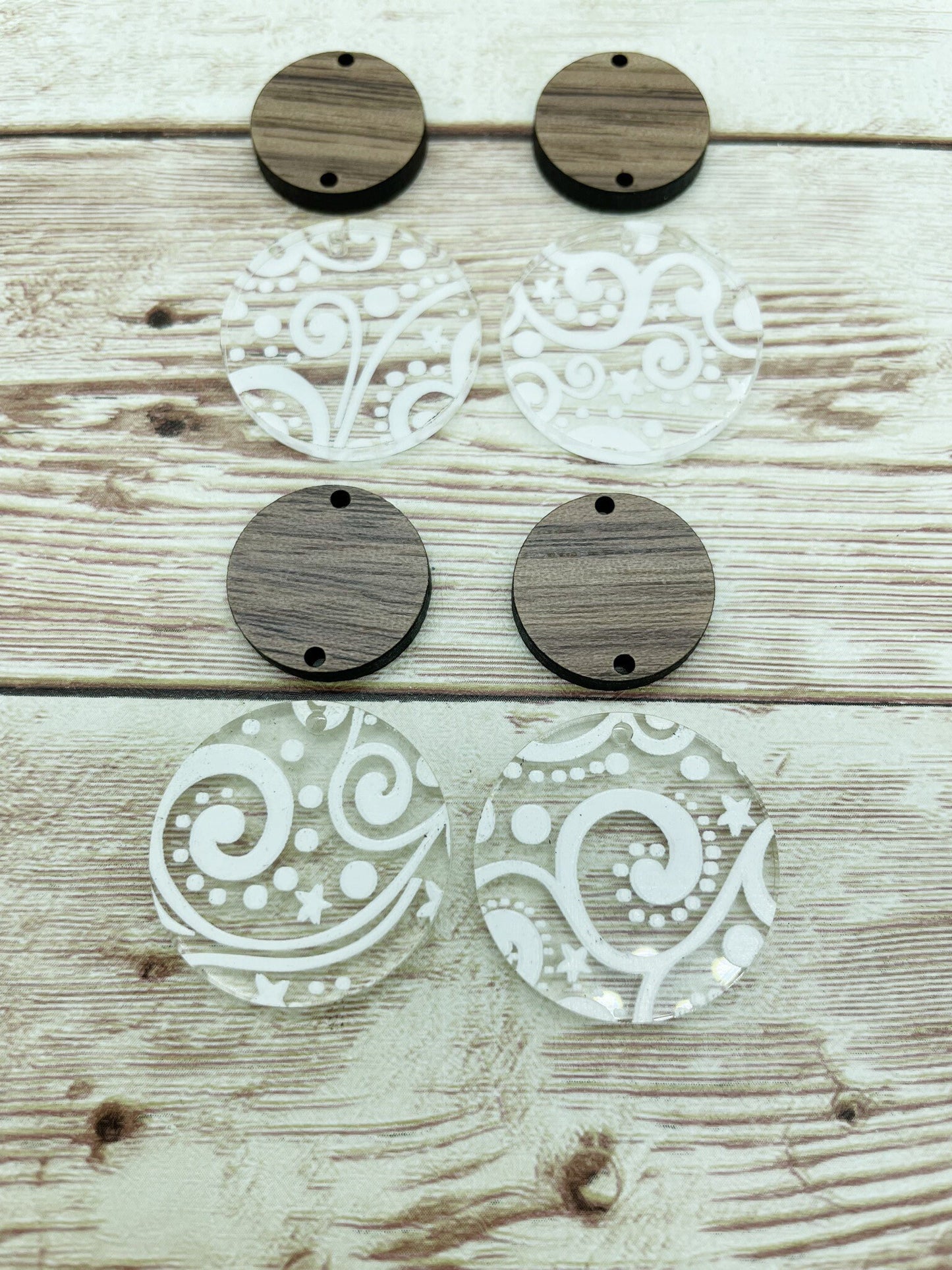 Patterned Acrylic and Wood Circle Set White Winter Print Earring Blanks, DIY Jewelry Making