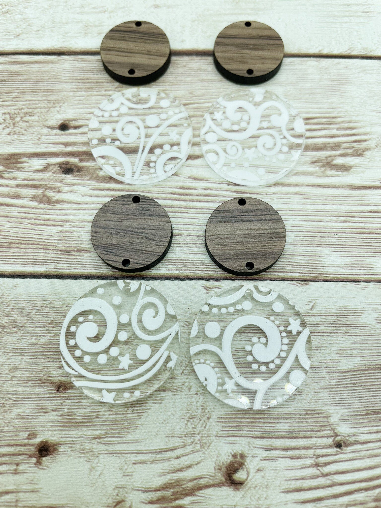 Patterned Acrylic and Wood Circle Set White Winter Print Earring Blanks, DIY Jewelry Making