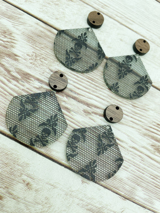 Patterned Acrylic and Wood Pointed Circle Skull Print Earring Blanks, DIY Jewelry Making